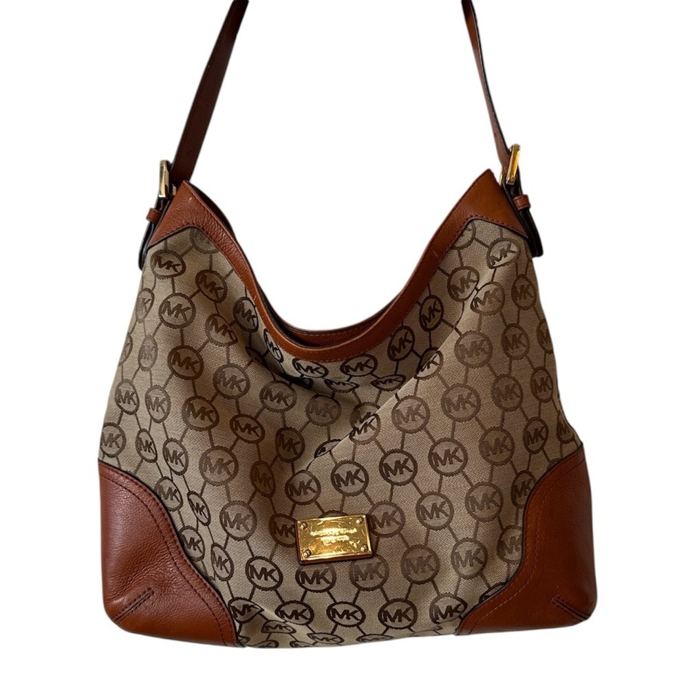 Michael Kors Signature Brown Tan Hobo Bag Slouchy purse gold MK designer tote
